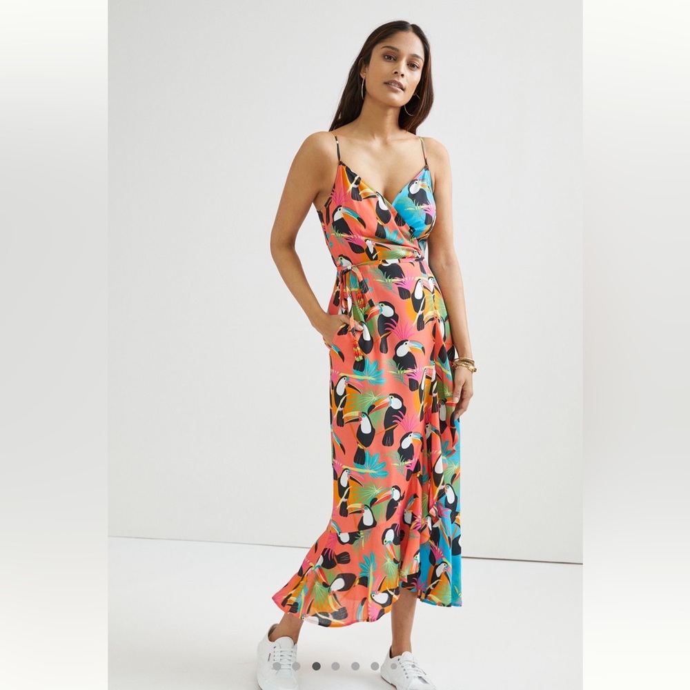 Farm Rio x Anthropologie Blue and Pink Toucans Wrap Maxi Dress (FLAWED)